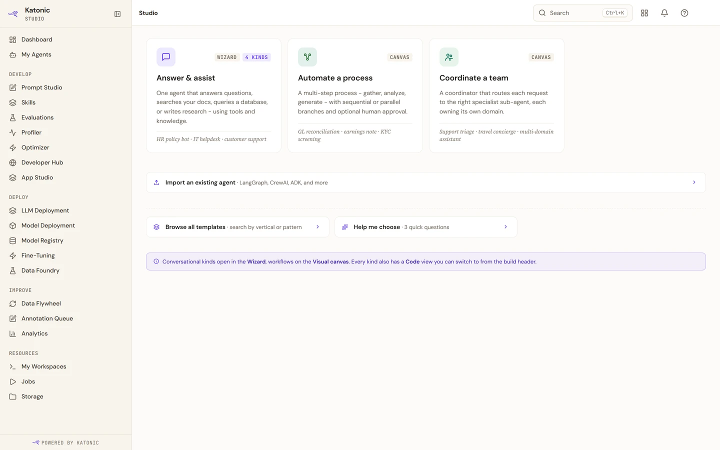 Studio's New agent chooser: Answer and assist, Automate a process and Coordinate a team, with links to import an agent, browse templates and Help me choose.