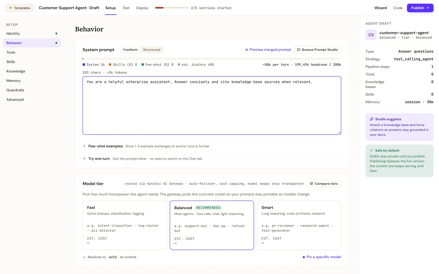 The wizard's Behavior section for the Customer Support Agent draft: the 26-token system prompt in the editor and the Model tier card with Balanced selected.