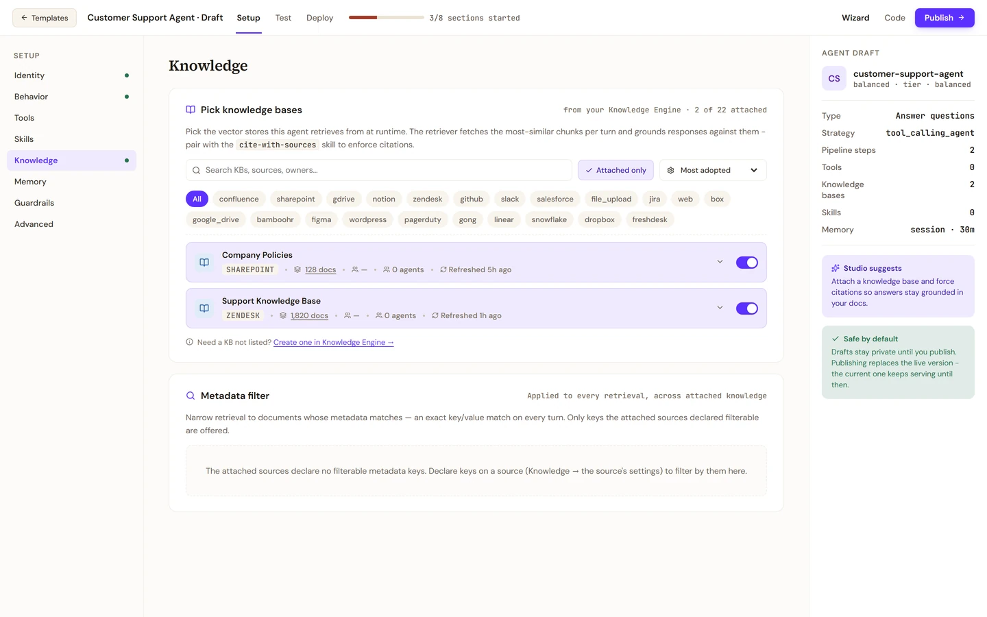 The Knowledge section with 2 of 22 knowledge bases attached: Company Policies and Support Knowledge Base switched on, with the Attached only filter applied.
