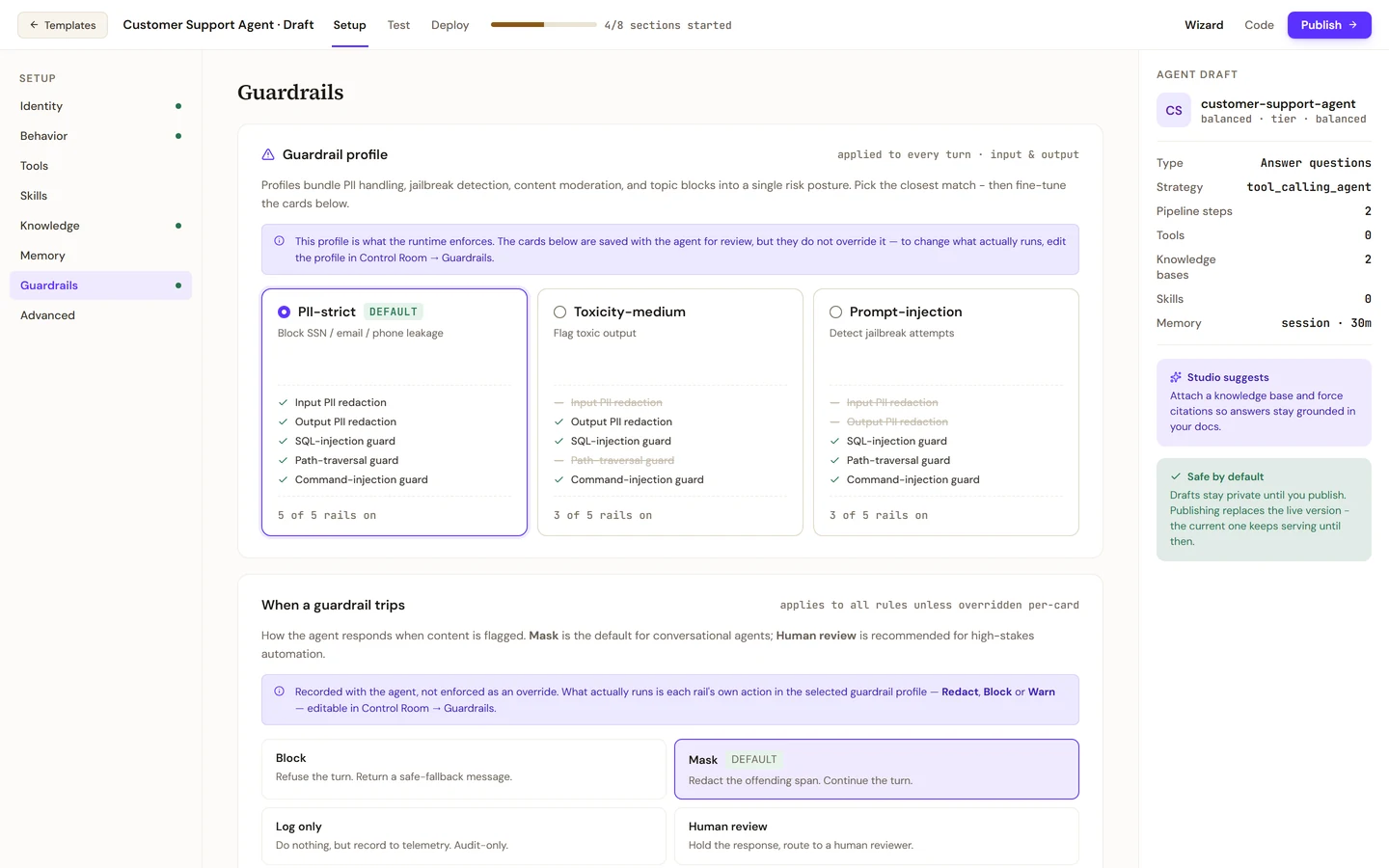 The Guardrails section with the PII-strict profile selected, the note that the selected profile is what the runtime enforces, and the choices for when a guardrail trips.