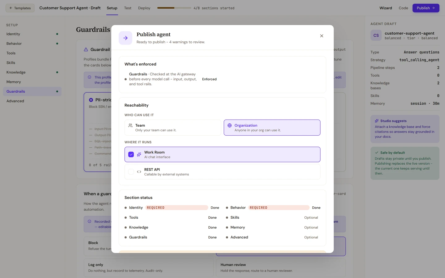 The Publish agent dialog: what is enforced, who can use it, where it runs, every section marked done, and ready to publish with no blockers.