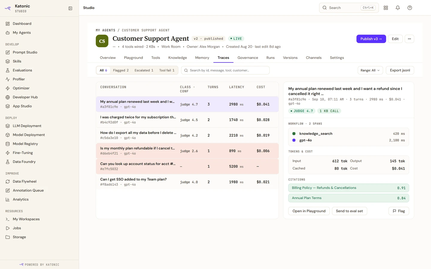 The agent's Traces tab: conversations with judge score, turns, latency and cost, and a selected trace with its spans, tokens, citations and the Send to eval set action.