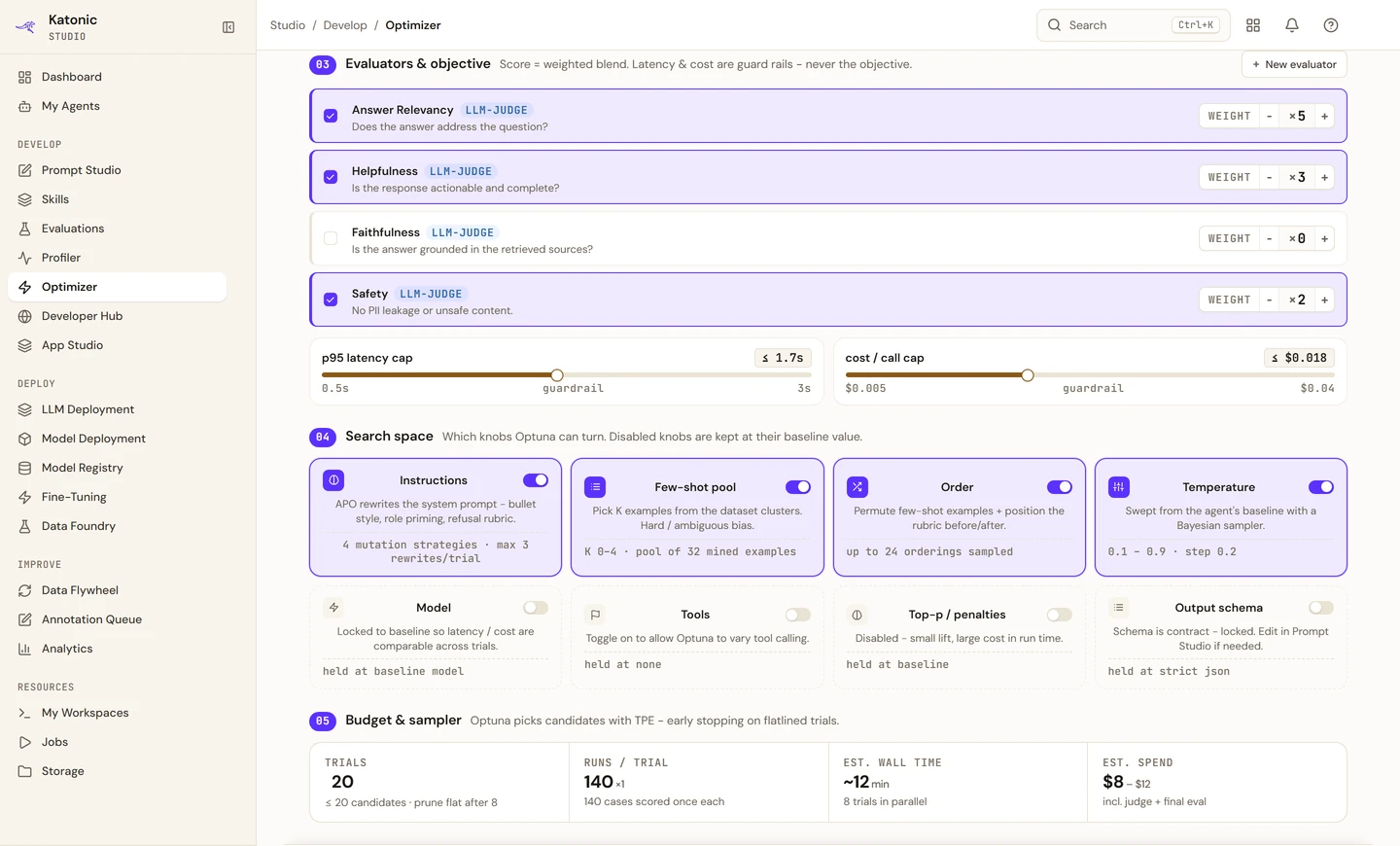 Optimizer setup: Answer Relevancy, Helpfulness and Safety enabled with weights 5, 3 and 2, latency and cost guard rails, the search space and a twenty-trial budget.